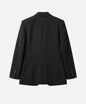 Back view of a black tailored blazer on a light background, featuring a central back seam, structured shoulders, and a straight hem with cuff buttons visible at the sleeves.