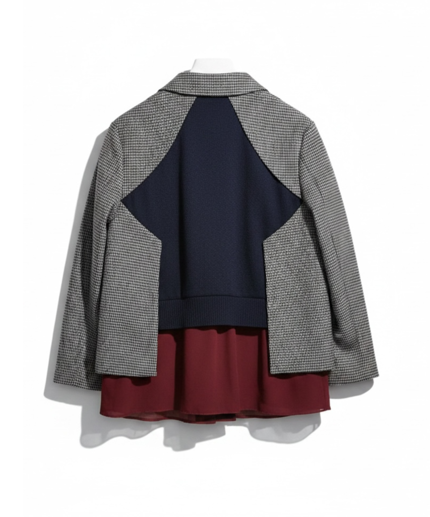Back view of a gray checkered coat with navy color-block panels over a burgundy dress or skirt visible at the bottom.