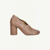 Tan leather women's pump with a chunky block heel and rounded toe, shown in side profile.