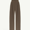 Brown high-waisted, wide-leg trousers with pleats and belt loops, tailored fit