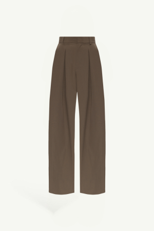 Brown high-waisted, wide-leg trousers with pleats and belt loops, tailored fit