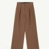 Brown high-waisted wide-leg trousers with belt loops and front pleats for a tailored look.