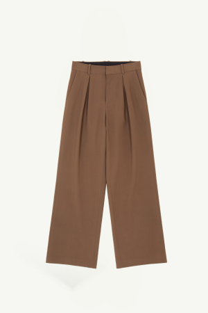 Brown high-waisted wide-leg trousers with belt loops and front pleats for a tailored look.