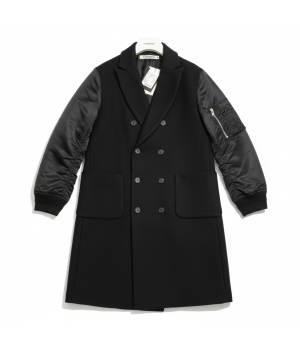 Black double-breasted wool coat with quilted satin sleeves, hanging on a white hanger against a white background, front view shown with multiple buttons and large pockets on the front.