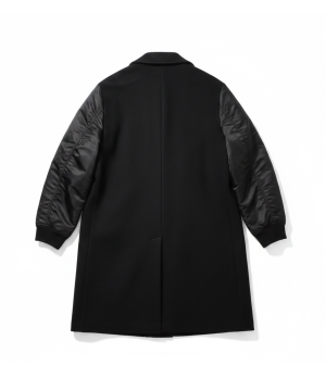 Back view of a black coat with matte body and shiny leather sleeves, displayed flat against a white background.