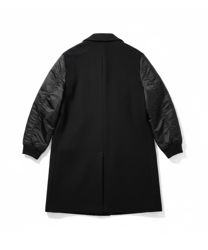 Back view of a black coat with matte body and shiny leather sleeves, displayed flat against a white background.