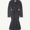 Dark grey midi dress with a front twist knot, draped panels at the waist, long sleeves, and a curved hem.