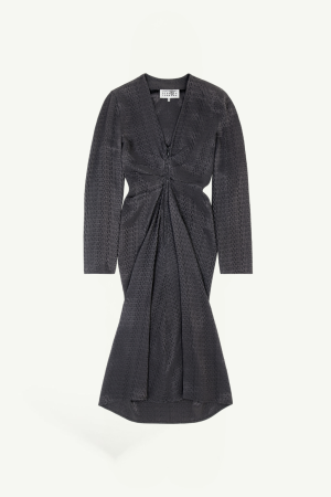 Dark grey midi dress with a front twist knot, draped panels at the waist, long sleeves, and a curved hem.