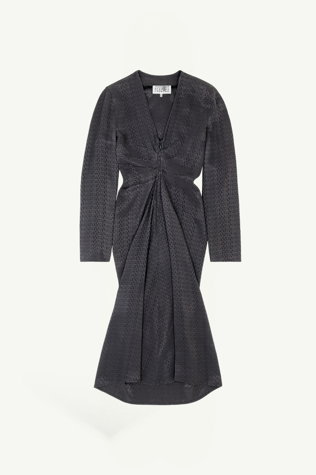 Untitled design - 5 - New Trend Dark grey midi dress with a front twist knot, draped panels at the waist, long sleeves, and a curved hem.