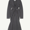 Dark gray long-sleeve dress with a twisted ruched waist and a flared, midi-length skirt