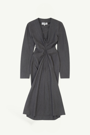 Dark gray long-sleeve dress with a twisted ruched waist and a flared, midi-length skirt