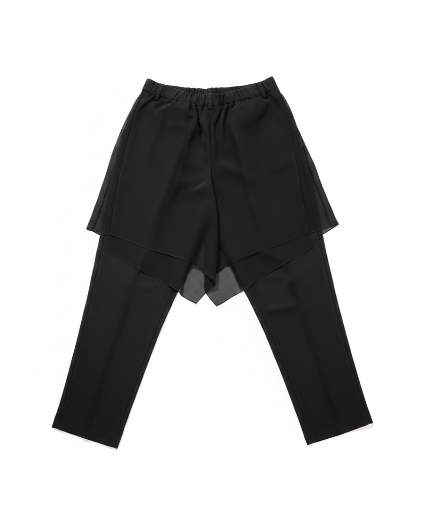 Black tights with an attached sheer, layered skirt overlay in a structured design, front view.