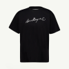 Black T-shirt with a white handwritten signature-style logo across the chest and short sleeves.