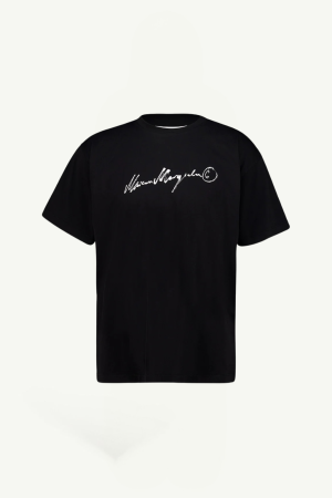 Black T-shirt with a white handwritten signature-style logo across the chest and short sleeves.