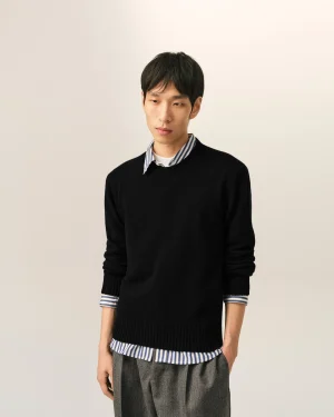 Portrait of a young man wearing a black sweater over a striped collared shirt, looking downward against a light background.