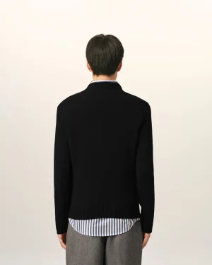 Back view of a person standing, wearing a black sweater over a blue-and-white striped shirt with the shirt hem showing at the bottom and gray trousers visible at the sides.