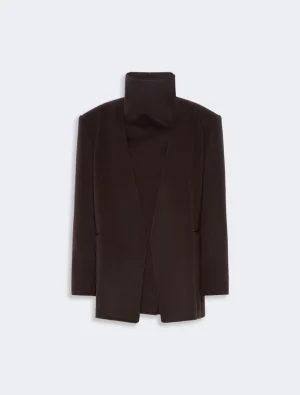 Dark brown open-front coat with a high turtleneck collar and overlapping front panels.