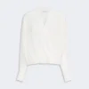 IMG_3724 - New Trend White draped blouse with long sleeves and elasticated hem, front twist detail. perfect for dressy casual wear.