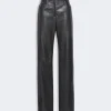 Black leather-look wide-leg pants with a high waist, front pockets, and a button–zip closure.