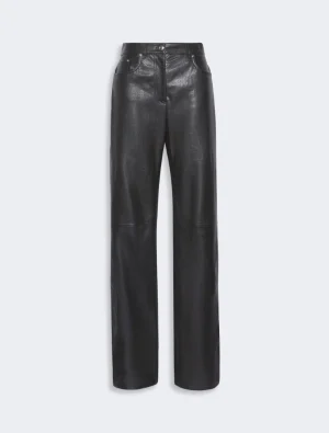 Black leather-look wide-leg pants with a high waist, front pockets, and a button–zip closure.