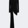 IMG_3739 - New Trend Black long-sleeve, floor-length dress with twisted knot drape at the waist and subtle ruching details, solid black color.