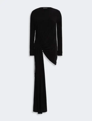 Black long-sleeve, floor-length dress with twisted knot drape at the waist and subtle ruching details, solid black color.