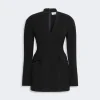Black tailored blazer with a structured fit, V-neckline, and two flap pockets on the front (no visible buttons).