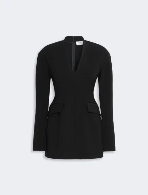 Black tailored blazer with a structured fit, V-neckline, and two flap pockets on the front (no visible buttons).