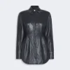 IMG_3766 - New Trend Dark navy leather shirt with a pointed collar, long sleeves, button front, and a curved hem.