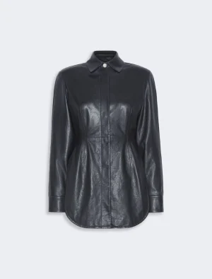 Dark navy leather shirt with a pointed collar, long sleeves, button front, and a curved hem.