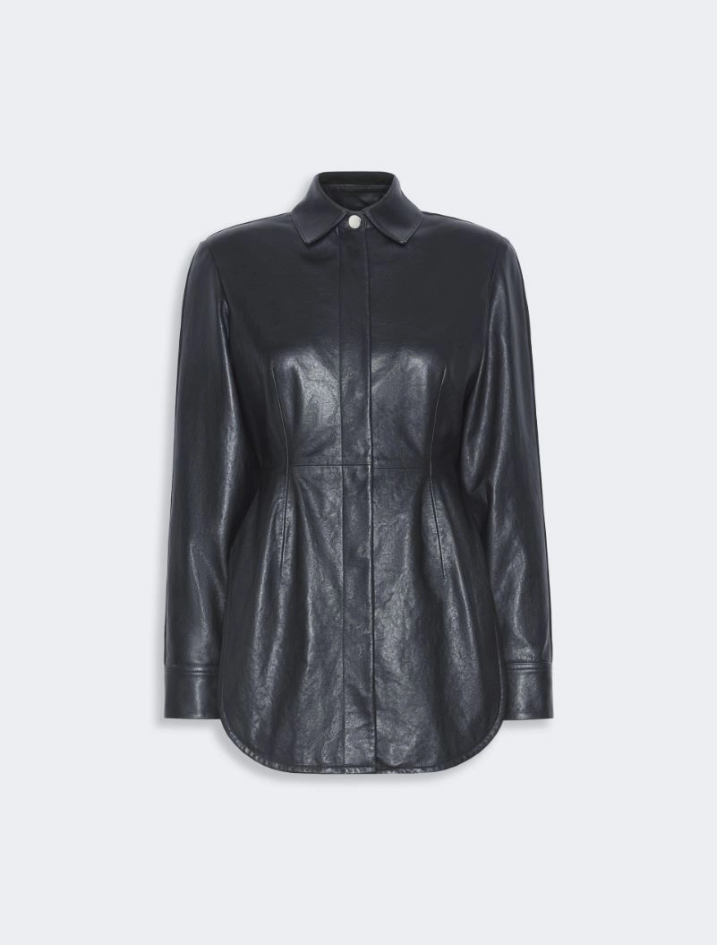 IMG_3766 - New Trend Dark navy leather shirt with a pointed collar, long sleeves, button front, and a curved hem.