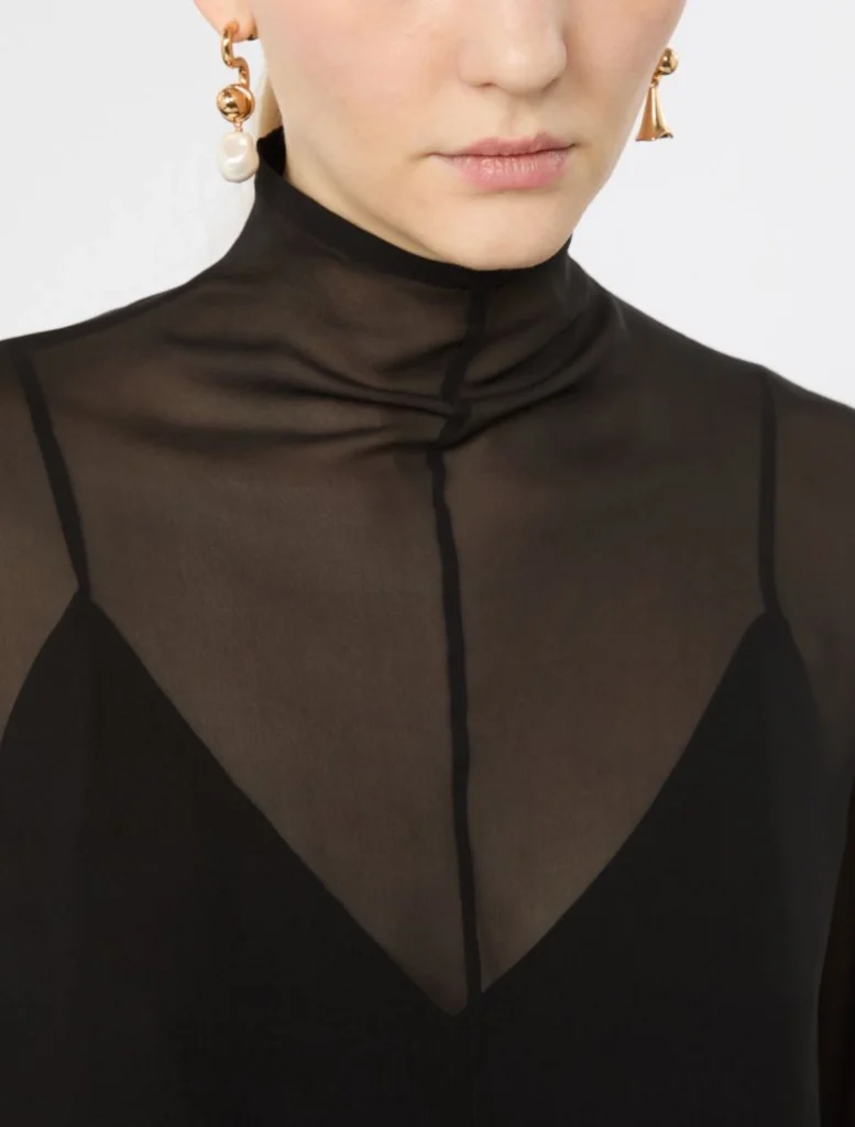 Close-up of a woman's neck and shoulders in a sheer black turtleneck, gold earrings visible on both ears.