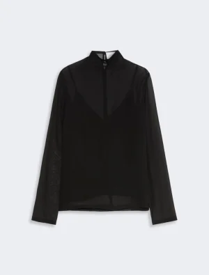 Black sheer blouse with long sleeves and a high neckline (stand collar).