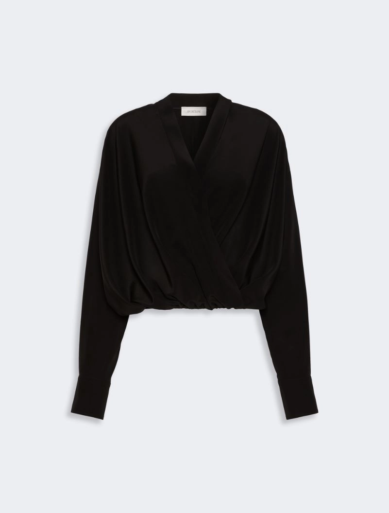 IMG_3806 - New Trend Black wrap blouse with V-neck, long sleeves, and gathered waist