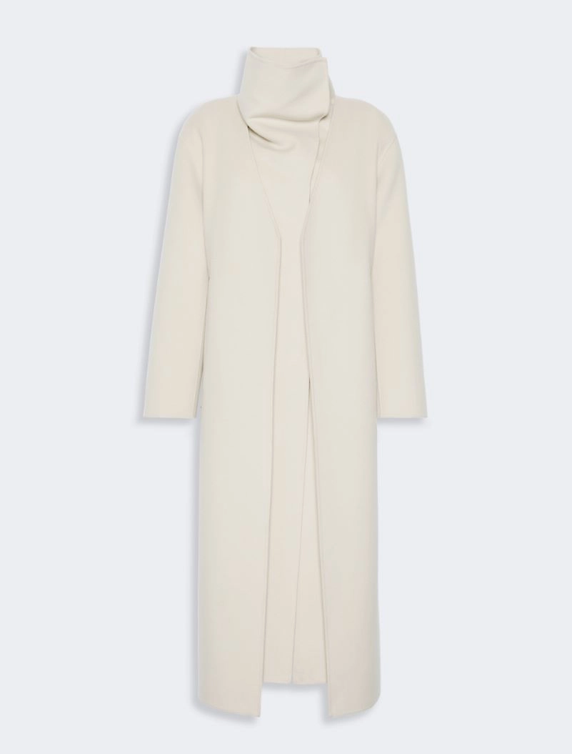 IMG_3830 - New Trend Long cream coat with a high, folded collar and an open front drape on a minimalist design.