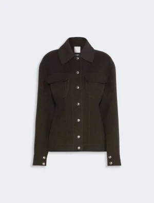 Dark brown button-front jacket with a collar, two chest pockets and silver buttons on a light background often used for styling.