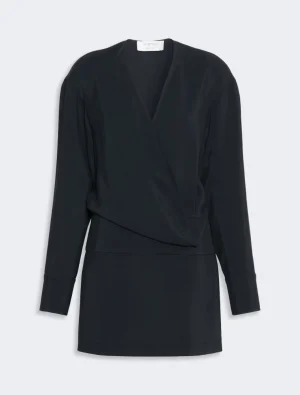 Black wrap blouse with a V-neckline and long sleeves, featuring an overlapping front panel for a draped look.