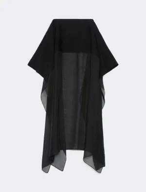 Black draped shawl with sheer panels and an asymmetric hem, shown flat for product view