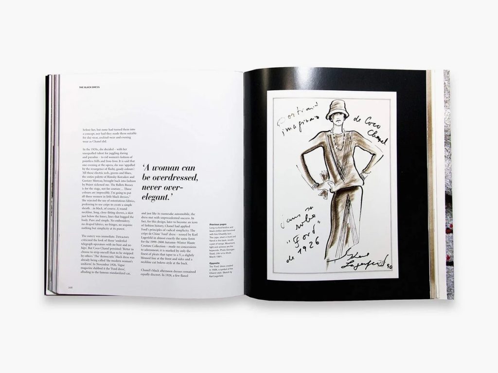 Open magazine spread: left page with dense text, right page a framed fashion sketch of a woman in a hat on a black background.