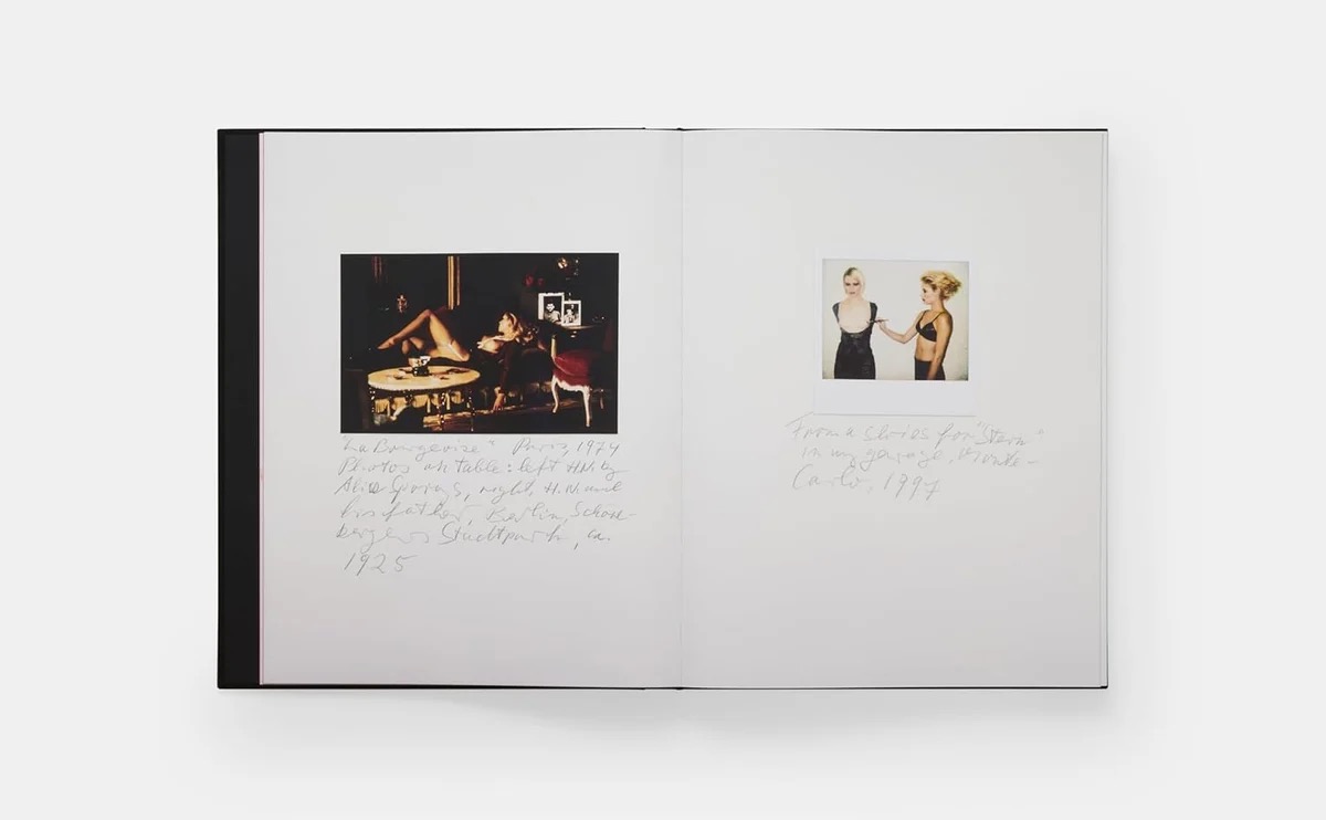 Image 1 - New Trend Open booklet showing two pages: left a dark indoor scene with people around a table; right a small Polaroid of two women posing, with handwritten notes beneath.