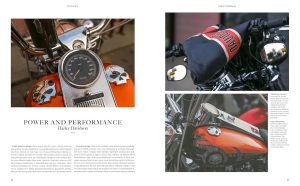 Close-up of an orange Harley-Davidson motorcycle speedometer with chrome dash details.