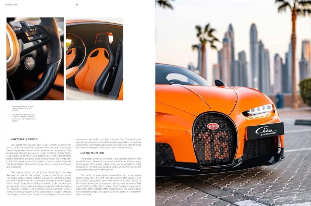 Magazine spread featuring an orange Bugatti Chiron Super Sport exterior with a cityscape backdrop and inset closeups of the steering wheel and orange seats.