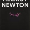 Book cover for Helmut Newton: 'one off' — black background, bold white title at top, pink handwritten subtitle in the center.