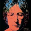Book cover for Art Record Covers showing a neon-orange stylized portrait of John Lennon with round glasses on a black background; TASCHEN logo at the bottom.