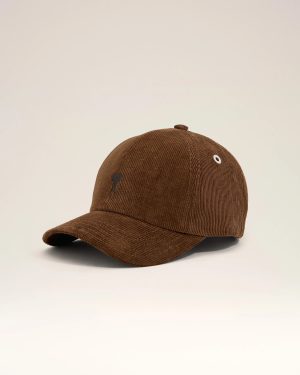 Partial view of a brown corduroy baseball cap with a curved brim against a pale background, the top of the crown shown.