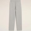 Light gray sweatpants with a drawstring waist laid flat against a pale background.
