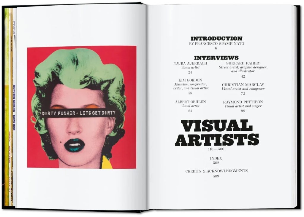 Open book spread: left page features a pop-art portrait with lime-green hair on a red background; a black band across the eyes reads 'DIRTY FUNKER LETS GET DIRTY'. Right page shows a table of contents with bold 'VISUAL ARTISTS'.
