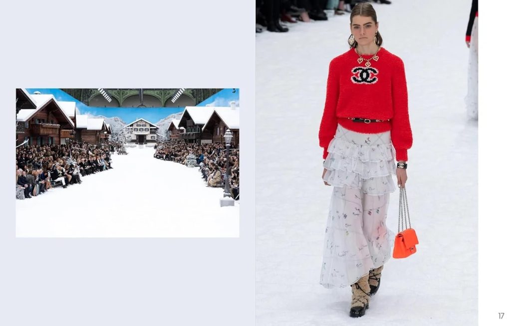 Winter fashion show: snowy outdoor runway with chalet-style buildings and spectators on both sides (left) and a model on a snowy catwalk on the right wearing a red knit sweater, tiered white skirt, and an orange handbag (split image).