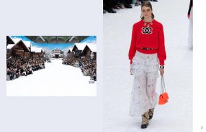 Winter fashion show: snowy outdoor runway with chalet-style buildings and spectators on both sides (left) and a model on a snowy catwalk on the right wearing a red knit sweater, tiered white skirt, and an orange handbag (split image).