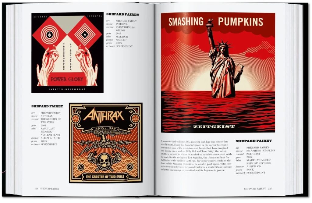 Open book spread with three album covers: Power Glory, Anthrax The Greater of Two Evils, and Smashing Pumpkins Zeitgeist.